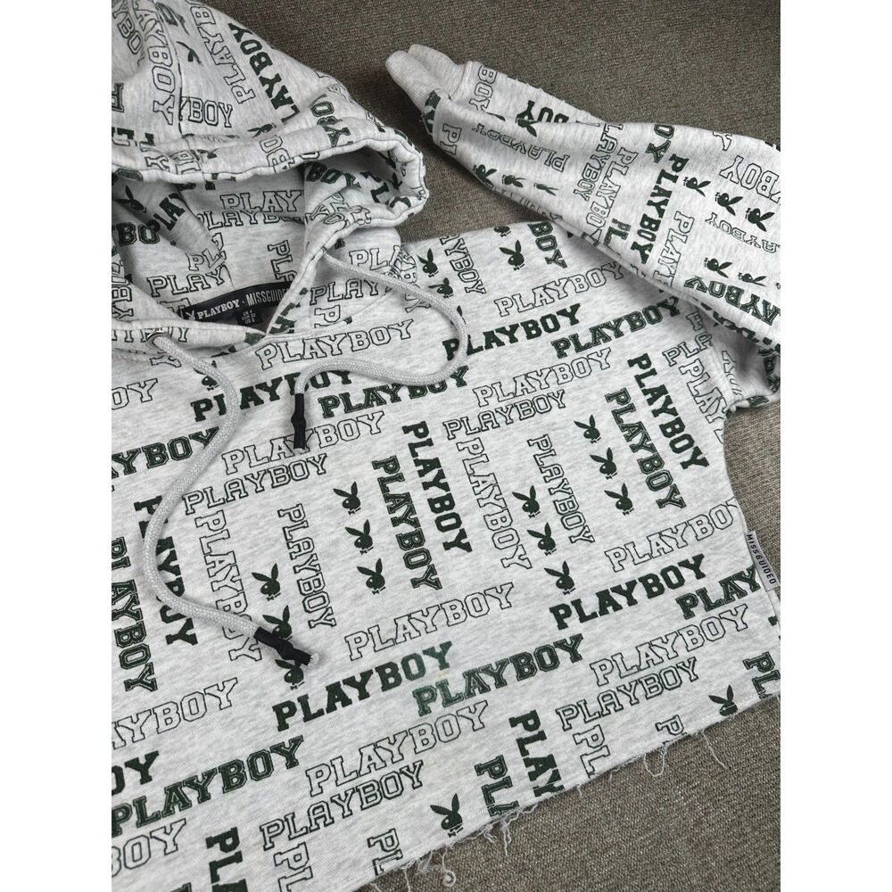 Playboy x Missguided Cropped Hoodie Gray Green Logo Print Y2K US 0 Small